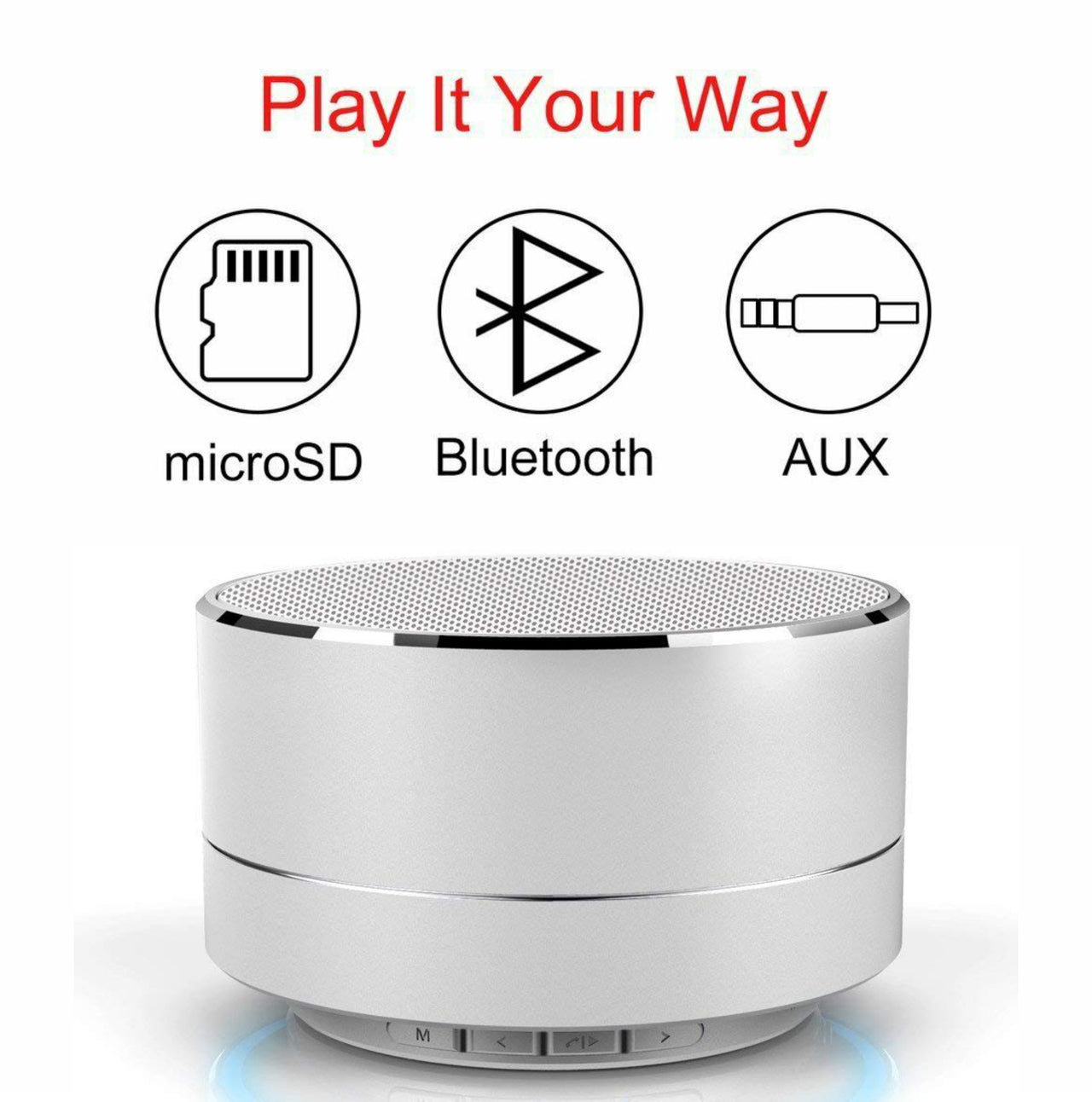 Shows various features of the Mini Portable Bluetooth Speaker w/ USB/SD Card Slot microsd bluetooth and aux port