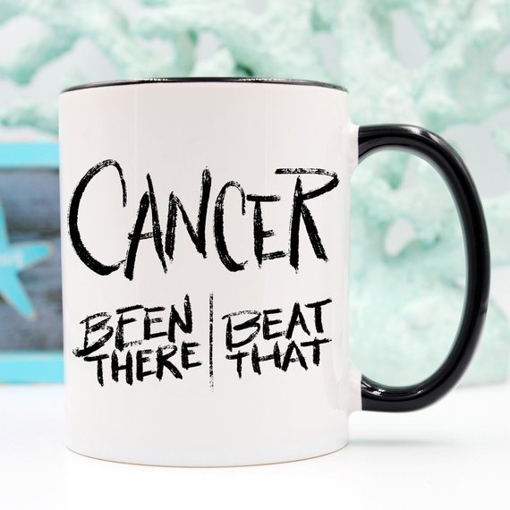 Cancer Survivor Been There Gift Mug with teal flowers behind it