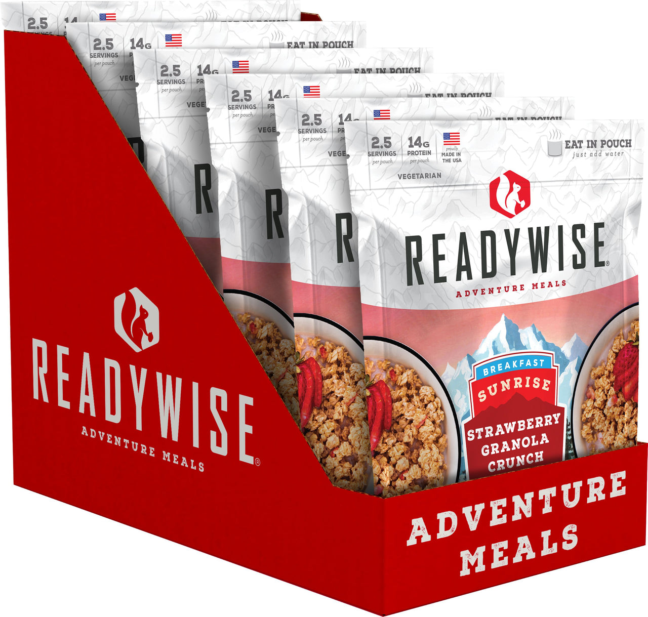 A case containing six 6 Strawberry Granola Crunch meals shown in red and white color