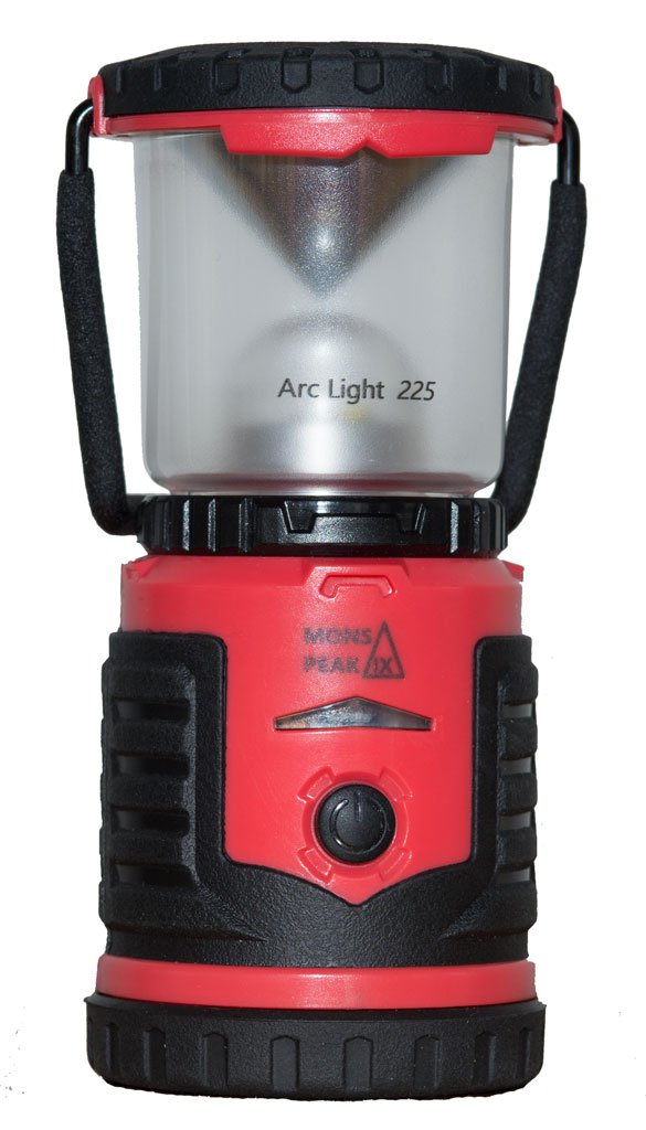 A Mons Peak IX Arc Light 225 AA LED Lantern shown in red with black trim with the words arc light 225 engraved on the glass