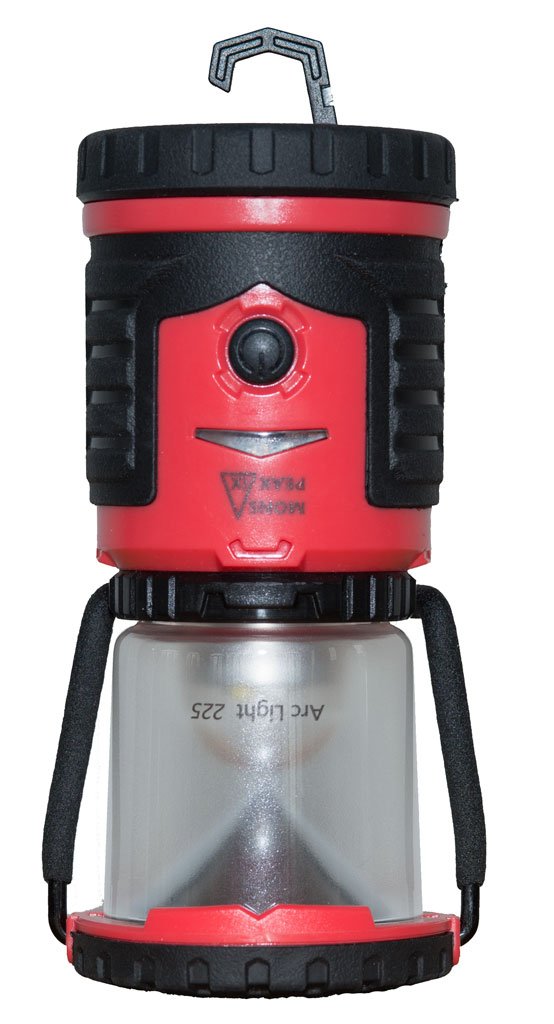 A Mons Peak IX Arc Light 225 AA LED Lantern shown hanging upside down with attached hook