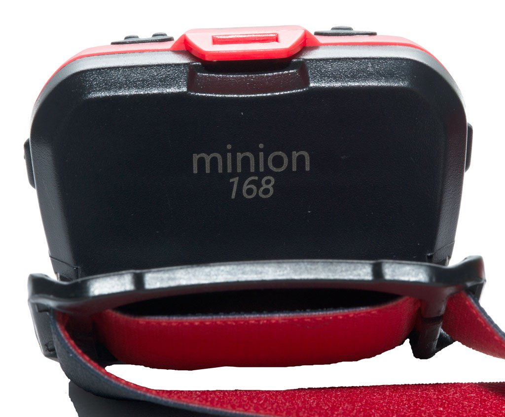 The back of the Mons Peak IX Minion 168 LED Headlamp shown with the words minion 168 engraved on the back