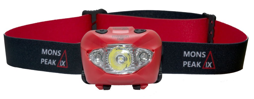 A black and red Mons Peak IX Minion 168 LED Headlamp shown