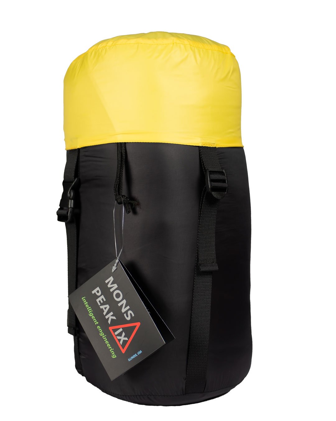 Settler 15 F Sleeping Bag shown inside heavy duty carry bag bag is black and yellow