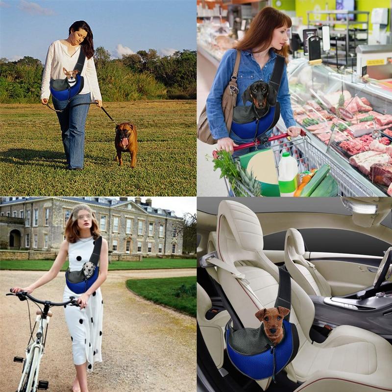 Comfy Puppy & Kitten Travel Shoulder Bag shown being used in various settings dog park car supermarket and biking