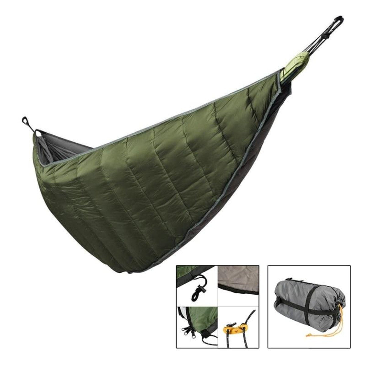 Ripstop Nylon Waterproof Hammock Under Quilt in Olive green color shows carry bag and all attachments as well