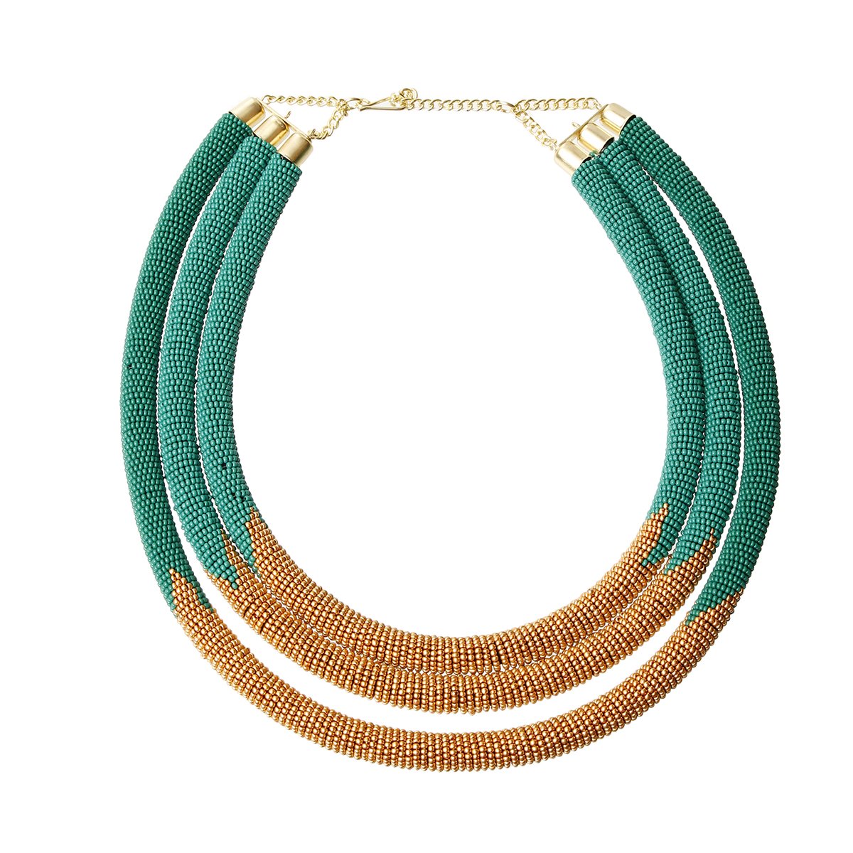 A Zulu Maasai Beaded Necklace shown in blue tan and gold